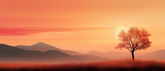 A serene landscape featuring a solitary tree silhouetted against a vibrant orange sunset, with rolling hills in the background.