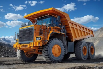 Large orange mining dump truck on dirt road.