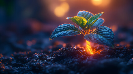 Glowing plant stem illuminating dark soil, representing natural growth and transformation