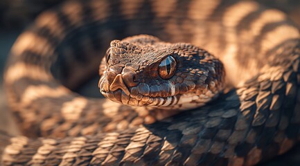 Fototapeta premium Close-up of a coiled viper snake, showing its detailed scales and intense gaze.
