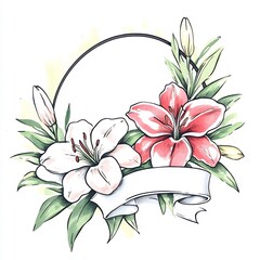 Elegant Hand-Drawn Lily Illustration: Vibrant Floral Wreath with Blank Banner. AI Generated