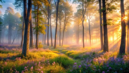 Fototapeta premium Golden Sunrise Illuminates a Misty Forest Path, Bathing Wildflowers in Warm Light