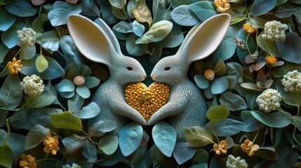 A pair of bunnies creating a heart shape with their ears in a spring garden