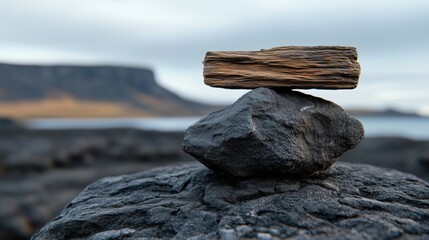 Fototapeta premium Stacked driftwood and rock on a rocky seashore with a blurred mountain backdrop