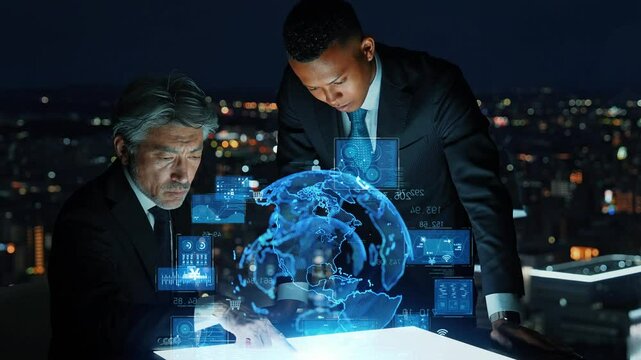 global, business, 3d image, concept, hologram, conference, strategy, marketing, management, meeting, serious, night view, office, multinational, foreigner, black, japanese, asian, businessman, busines