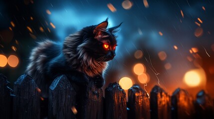 Fiery-Eyed Feline in the Rain: A Mystical Night Scene
