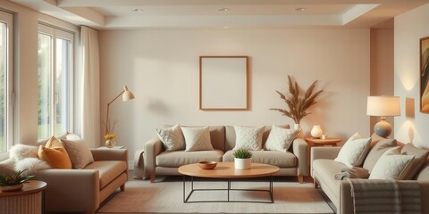Fototapeta premium Warm and inviting cozy living room with soft neutral tones, plush throw pillows, and warm lighting, decor, cozy