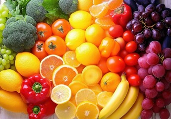 Vibrant Assortment of Fresh Fruits and Vegetables Arranged Beautifully on a Wooden Surface, Showcasing a Rainbow of Colors and Natural Goodness for Healthy Living