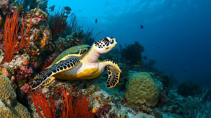 Fototapeta premium A turtle is swimming in the ocean near a red coral. generated using AI