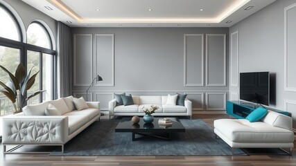Sleek and stylish living room with modern color palette, featuring a combination of grey, white, and pops of vibrant teal, living room, color scheme