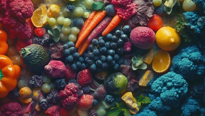 Fototapeta premium Vibrant Assortment of Fresh Fruits and Vegetables Displayed in a Colorful Arrangement Showcasing a Variety of Textures and Natural Beauty for Healthy Living Inspiration