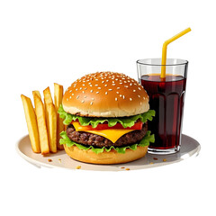 Delicious Cheese Burger With French Fries and Soft Drin 