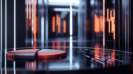 Pie chart data visualization on reflective surface in futuristic server room.