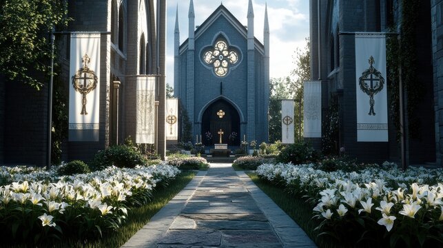 A tranquil churchyard adorned with lilies and Easter-themed banners