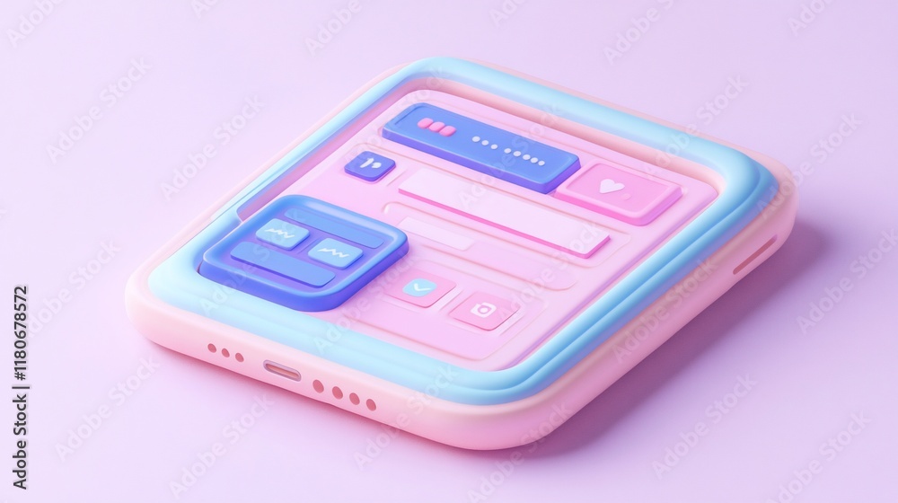 Wall mural pastel-colored 3d rendered mobile app interface with buttons and icons.
