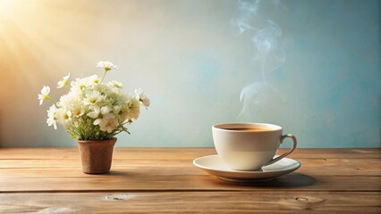 Fototapeta premium Serene Morning A steaming cup of coffee rests on a rustic wooden table beside a small pot of delicate white flowers, bathed in soft sunlight.