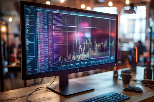 Desktop computer monitor with binary code on screen