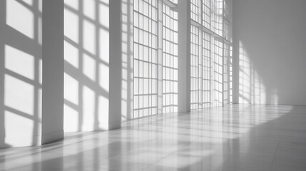 Sunlight streams through large windows in a minimalist white room, casting shadows on the floor and walls.