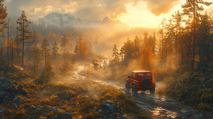 Fototapeta premium Misty mountain road with off-road vehicle at sunset.