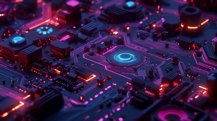 Fototapeta premium Close-up of a futuristic circuit board with glowing neon components.