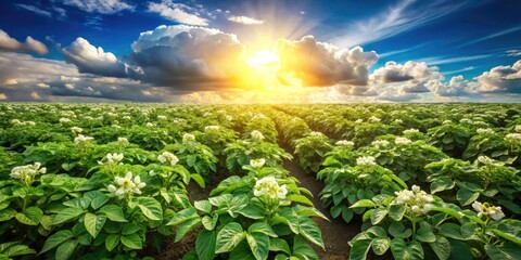 Obraz premium Lush Green Potato Field, Sunny Day, Fluffy Clouds - High Resolution Low Light Photography