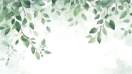 Watercolor painting of delicate green leaves on branches