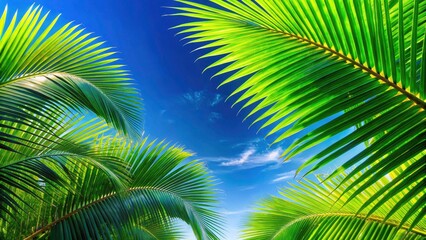 Lush Tropical Palm Leaves, Vibrant Green, Blue Sky Background - Summer Paradise Stock Photo