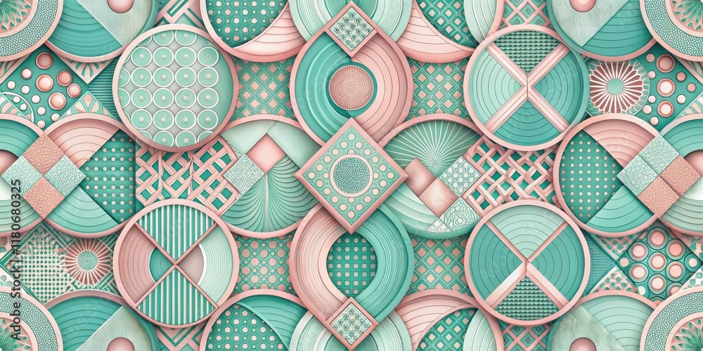 Wall mural abstract pastel geometric pattern featuring overlapping circles and squares with intricate designs