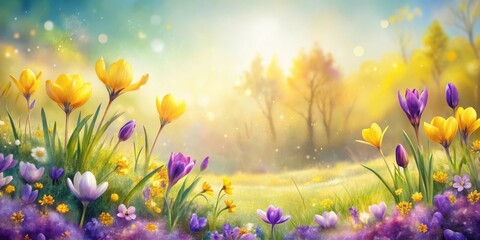 Fototapeta premium A vibrant springtime meadow scene featuring a profusion of yellow and purple crocuses bathed in the warm glow of the morning sun. The idyllic landscape is filled with wildflowers and soft light.