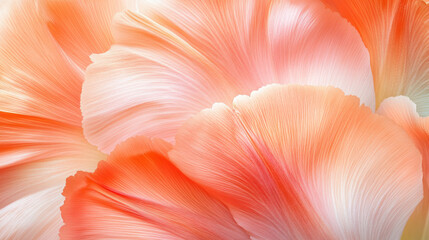 A vibrant close-up of silky coral-colored tulip petals, with feather-like veins blending into a soft gradient of peach and cream hues. Gentle sunlight streams in from the top left, casting warm highli