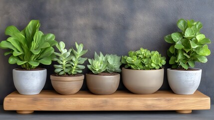 Fototapeta premium Five succulents in pots on wooden shelf.