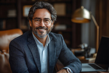 A sharply dressed business professional in a tailored suit, smiling warmly while sitting at a desk in a modern office.