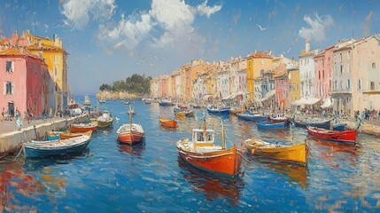 Obraz premium Colorful harbor town, boats moored, sunny day.