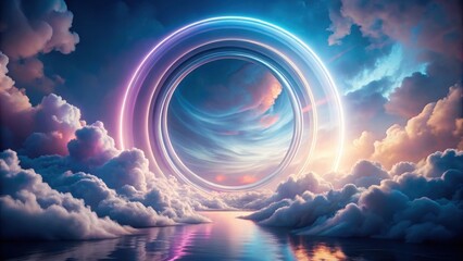Celestial Portal An ethereal dreamscape featuring a luminous ring hovering above a tranquil ocean, encompassed by soft, pastel clouds and a breathtaking sky