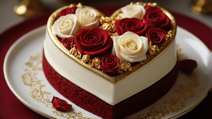 Heart-Shaped Red Velvet Cake with Fresh Roses and Edible Gold Flakes, Perfectly Displayed on a Porcelain Plate for Valentine&rsquo;s Day, AI-generated