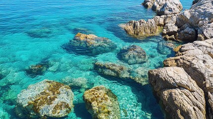 Close-Up of Rocky Coast with Stones in Crystal Clear Water. Serene and Natural Seascape for Outdoor Inspiration.