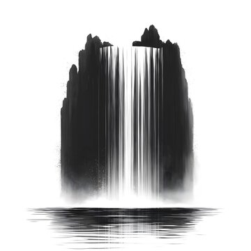 Minimalistic Abstract  Black and White Waterfall  over a body of water lake with Flowing Cascade and on White Background