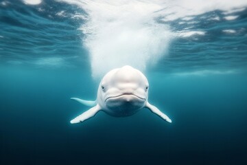 Fototapeta premium A beluga whale swims elegantly beneath the surface, surrounded by clear blue water and gentle bubbles rising around it. The scene captures the beauty of marine life