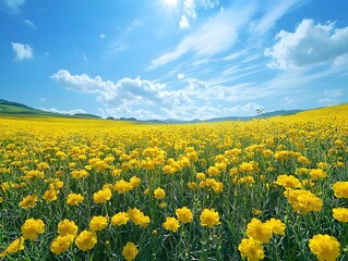 Fototapeta premium Vibrant Canola Flower Meadow Under Cloudy Blue Sky Peaceful Countryside Landscape