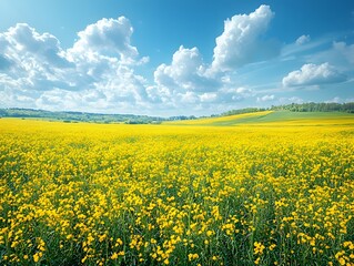Obraz premium Serene Meadow of Blooming Yellow Canola Flowers Under Cloudy Blue Sky