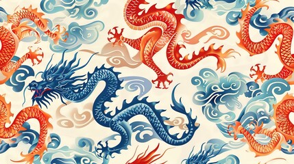 Obraz premium Chinese dragon seamless pattern wallpaper