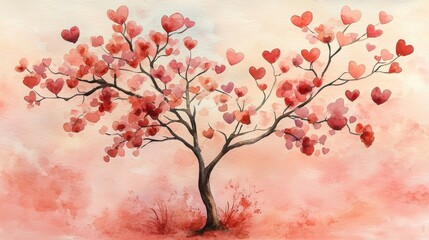 Fototapeta premium Beautiful Painted Tree with Heart-Shaped Leaves in Soft Brown Tones