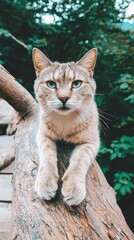 Serene Cat Portrait  Relaxed Feline on Wood  Outdoors