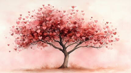 Soft Brown Tree with Heart-Shaped Leaves in Watercolor Art