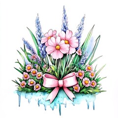 Vibrant Floral Illustration: Delicate Cosmos and Lavender Bouquet with Pastel Bow. AI Generated
