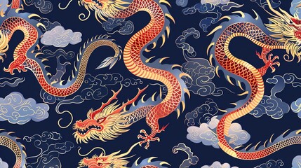 Obraz premium Chinese dragon seamless pattern wallpaper