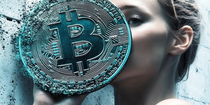 A dynamic scene showcasing global economic trends of 2025: cryptocurrency transactions, eco-friendly business, or collaborative co-working in a modern urban setting.