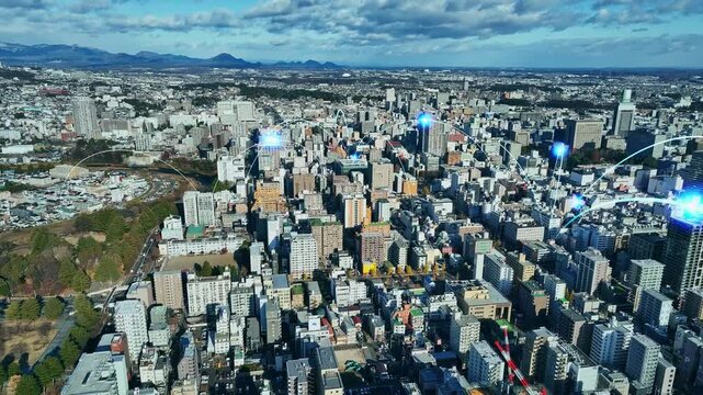 city, network, communication, society, real estate, drone, bird eye view, aerial view, data, dx, digital transformation, ict, smart city, industry, wireless, radio, radio wave, line, technology, anten