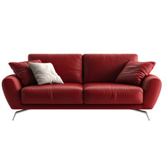 Fototapeta premium Luxurious Red Leather Sofa Adorned with Soft Pillows in Elegant Living Room Setting Evoking Comfort and Style isolated on a white background