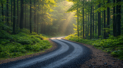 Fototapeta premium Sunbeams illuminate a winding forest road.